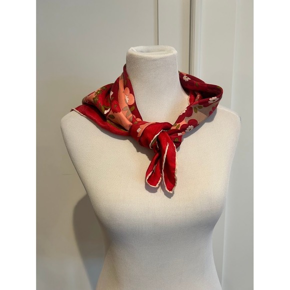 Accessories - Vibrant Vintage Floral Silk Scarf Red Pink Tan Square Neck Scarf Accessory Mod